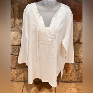 Hot Cotton Linen Tunic Blouse Womens Large Off White Ecru Beachy Resort Coastal